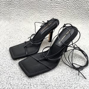 Good American Shoes Sz 5.5 Black Square Toe Lace Up Heels Going Out Khloe Womens